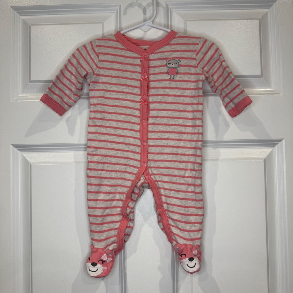 Carter's Baby Girl Pink Striped Bear Footed Pajamas‎ Size 3 Months